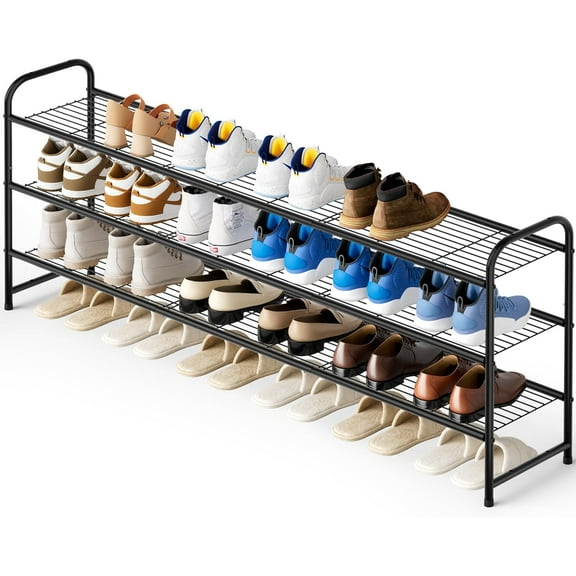 3-Tier Long Shoe Rack for Closet Metal Shoe Organizer for Entryway, Wide Stackable Shoe Stora Shelf with Sturdy Wire Grid for Closet Floor, Bedroom,