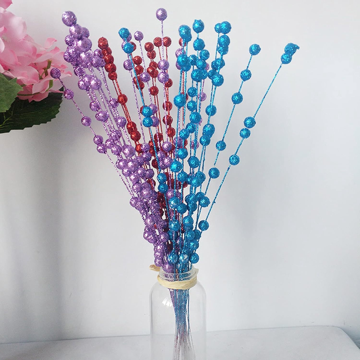 30 Pack Christmas Tree Berry Stem, Decorative Bead Sticks, Glittery Twigs, Picks, Branches for Christmas Tree, Small Vase, Holiday, Wedding, Party (17 Inches, Purple)