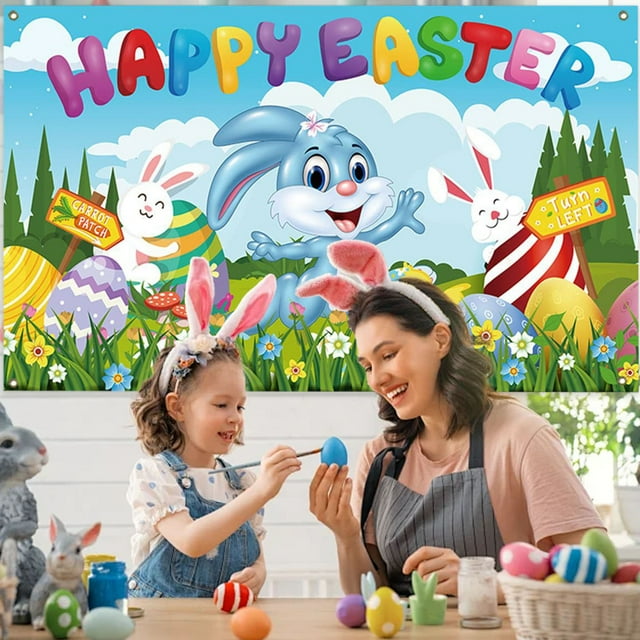 Boovnll Easter Dinner Party Activity Background Cloth Bunny Eggs Background Decoration Hanging Cloth Photo Props, Easter Decorations, Easter Decor