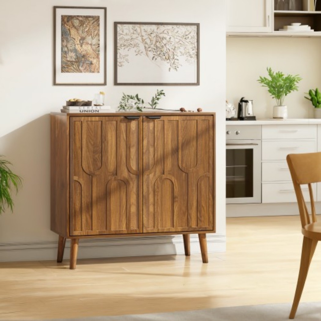 Farmhouse Buffet Cabinet, 31.5" Walnut Sideboard Cabinet with 2 Slatted Doors & 2 Storage Compartments, Coffee Bar Cabinet for Kitchen, Dining Room & Living Room, Brown