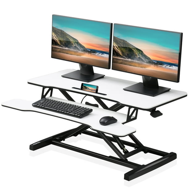 FITUEYES Height Adjustable Standing Desk 36” Wide Sit to Stand Converter  Stand Up Desk Tabletop Workstation for Dual Monitor Riser SD309101WB