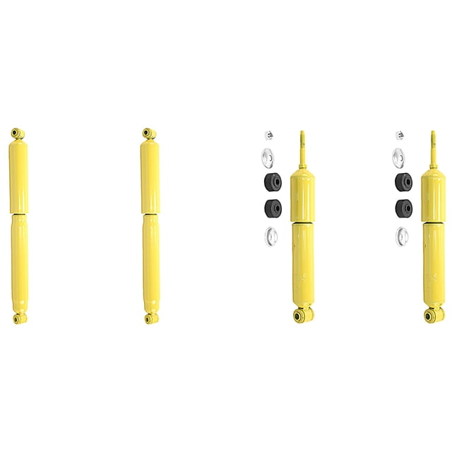 jgo amortiguadores gas-magnum gas ram 1500 1994 a 2001 dodge rwd monroe vista de amortiguador individual y del kit con bujes y arandelas; cilindro tubular amarillo, vástago y ojales de montaje para ejes delantero y trasero, compatible con tracción trasera RWD; carrera 107.95 o 234.95 mm y largo extendido 34.925 o 62.547 cm; a menudo usado para reemplazo de suspensión original en pickups clásicos.
