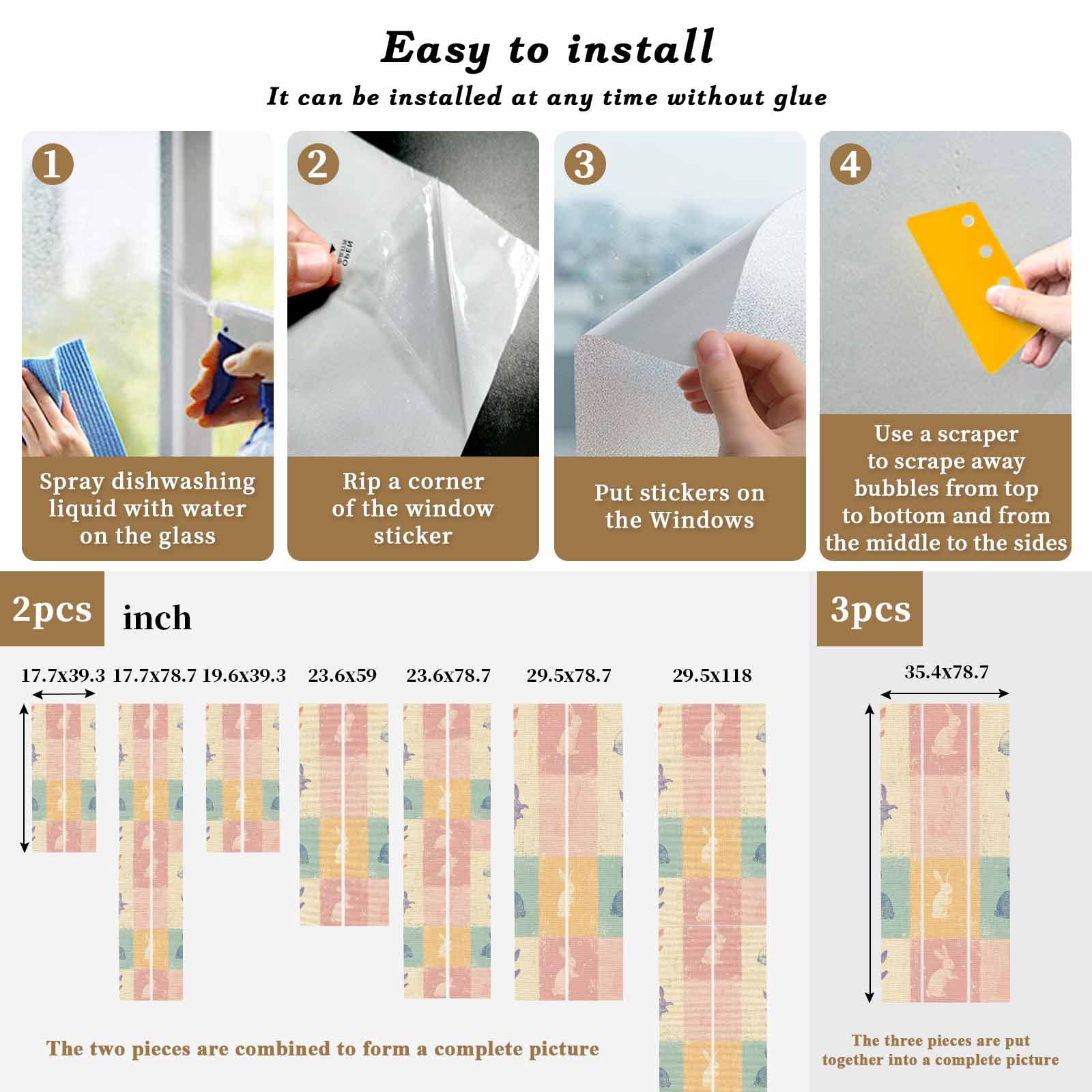 Easter Rabbit Window Privacy Film, Retro Watercolor Rabbit Frosted Glass Window Clings Static Cling UV Heat Blocking Reusable Door Sticker for Bathroom 35.4 x 78.7 Inch
