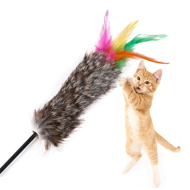 Cat Teaser Plastic Cat Play Toy Cat Stick Toy Interactive Toy for Cat Exercise featuring a 38cm (14.96in) plastic rod with artificial fur and colourful fake feathers at the end. The toy is designed for interactive play and exercise, shown with a playful orange tabby cat jumping towards it. Random colour variations are available.