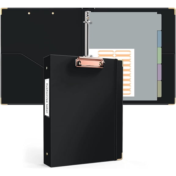 3 Ring Binder 1 Inch, Clipboard Binders for Letter Size Documents (11" x 8.5") with 5 Tab Dividers, File Folder Labels, Black Organizer for School and Office Supplies