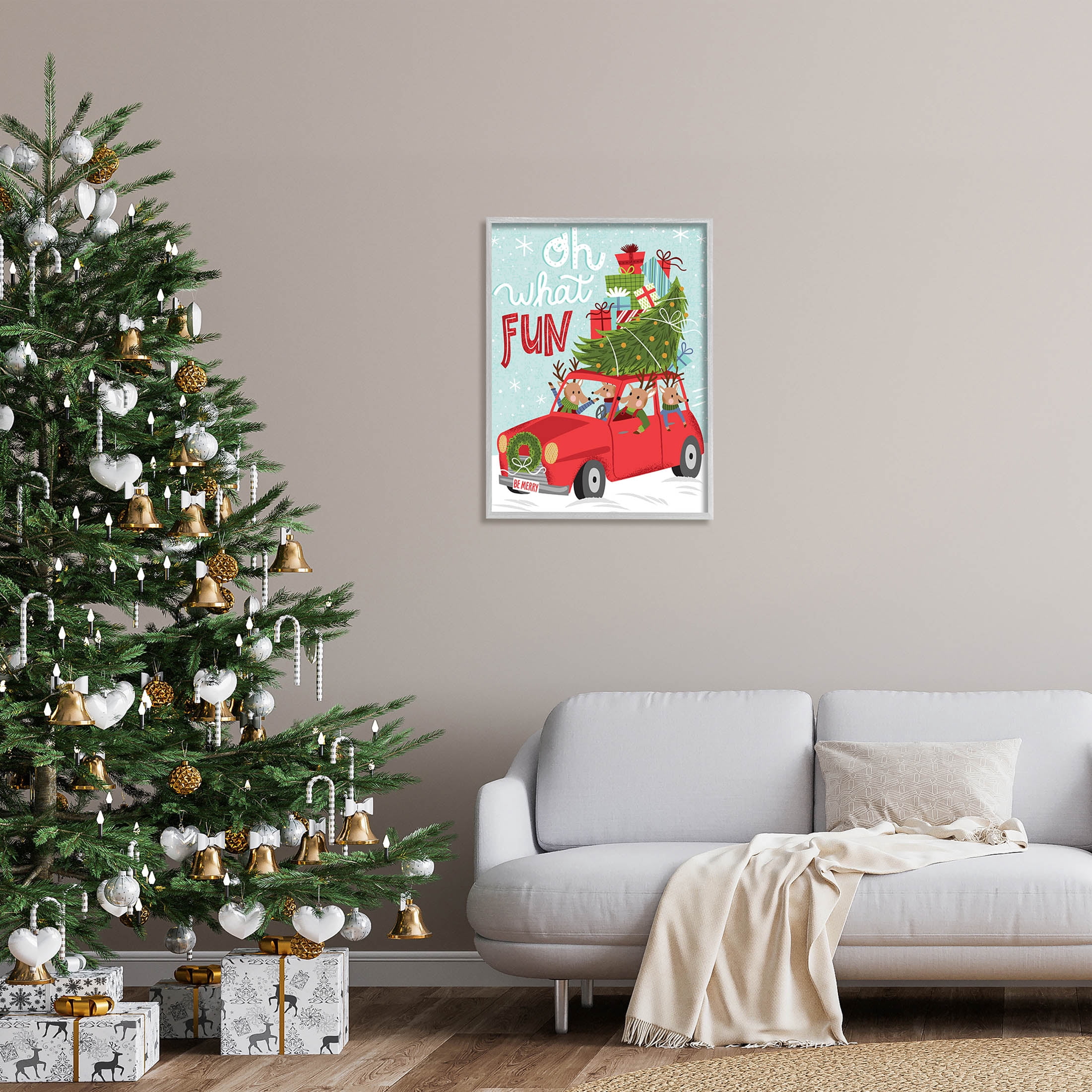 Stupell Industries Oh What Fun Holiday Car Graphic Art Gray Framed Art Print Wall Art, Design by Arrolynn Weiderhold
