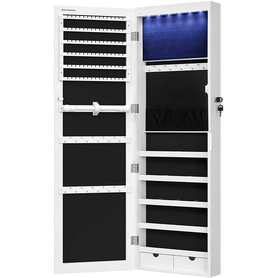 ZXNYH 6 LEDs Mirror Jewelry Cabinet, 47.2-Inch Tall Lockable Wall or Door Mounted Jewelry Armoire Organizer with Mirror, 2 Drawers, Toasted Oak Color
