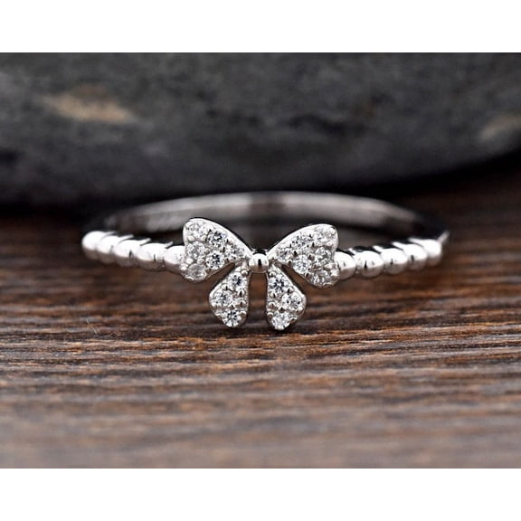 Oryn Jewelry 0.6 Ct Round Cut Moissanite Band - 14K White Gold Plated Bands - Bow Inspired Jewelry Design - Christmas Moissanite Gift for Her - Everyday Wear Bands - Birthday Jewelry for Women