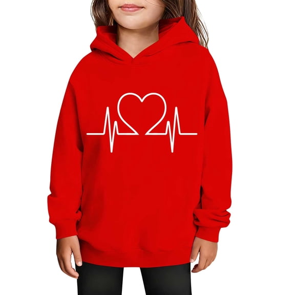 Valentine's Day Hoodies for Tween, Kids Cute Printed Oversized Sweatshirt Hooded Long Sleeve Pullover Tops Sweatshirt for Girl Red 7Y