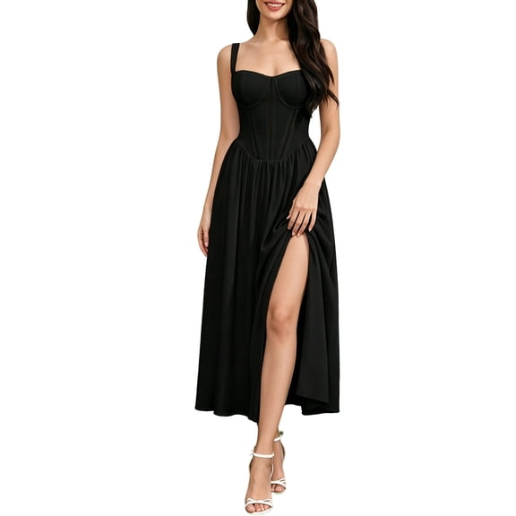 Elegant Formal Evening Gown Slit Backless Long Dress With Spaghetti Straps For Occasions Women's Comfortable Sleeveless V-Neck Dresses Black L