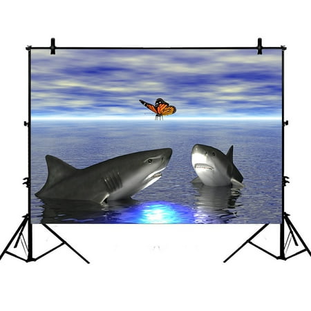 Funny Backgrounds PHFZK 7x5ft Ocean Animal Backdrops, Butterfly and Funny Shark Photography Backdrops Polyester Photo Background Studio Props ()