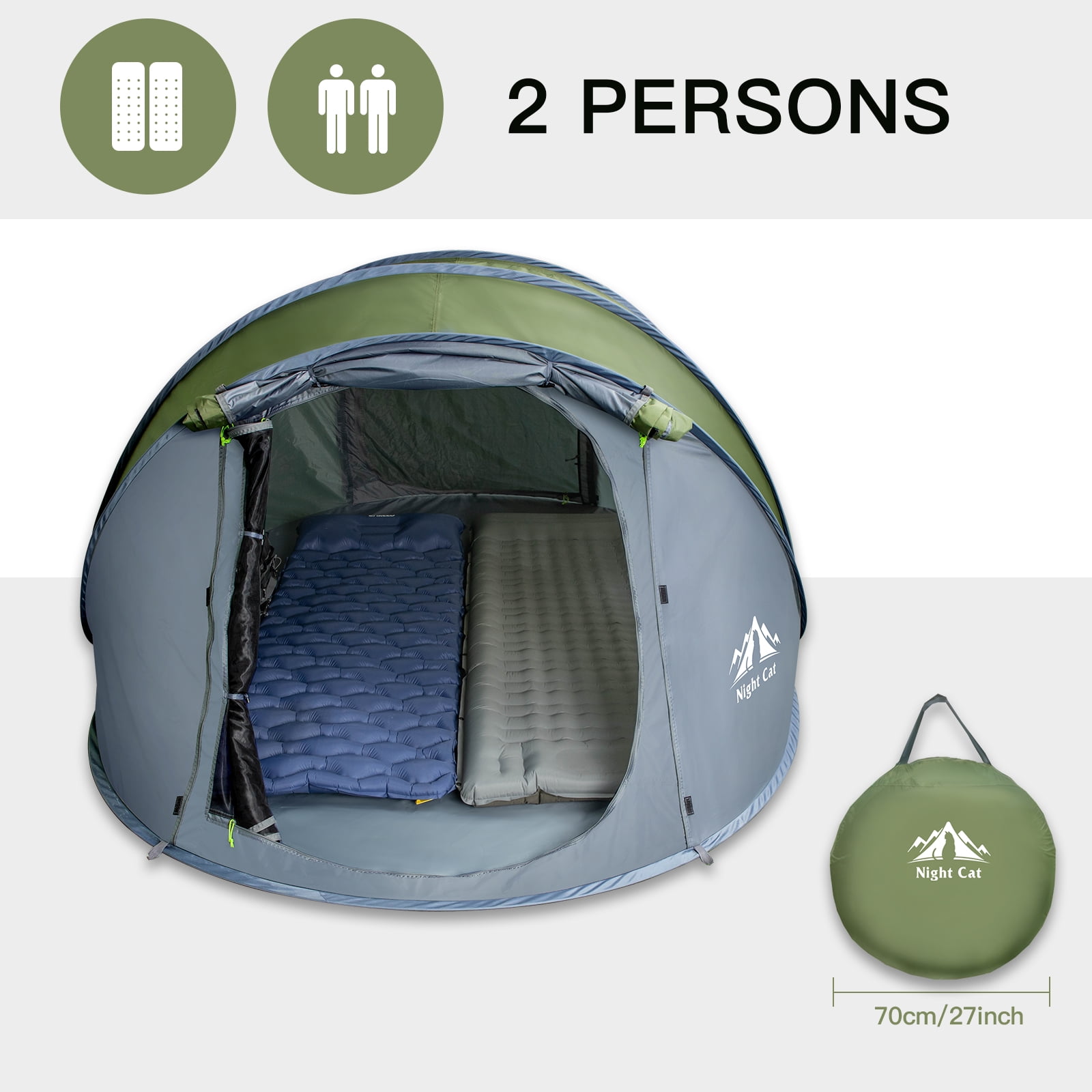 Night Cat Pop-Up Camping Tent with Instant Setup, 2-3 Person Tent Family Hiking
