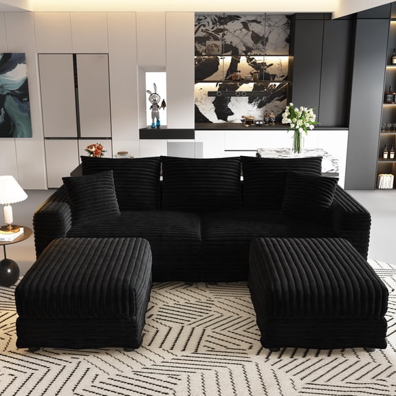 FFZ 82.7 inch Plush Corduroy 3-Seat Sofa with 2 Ottomans and Convertible Lounge, Black