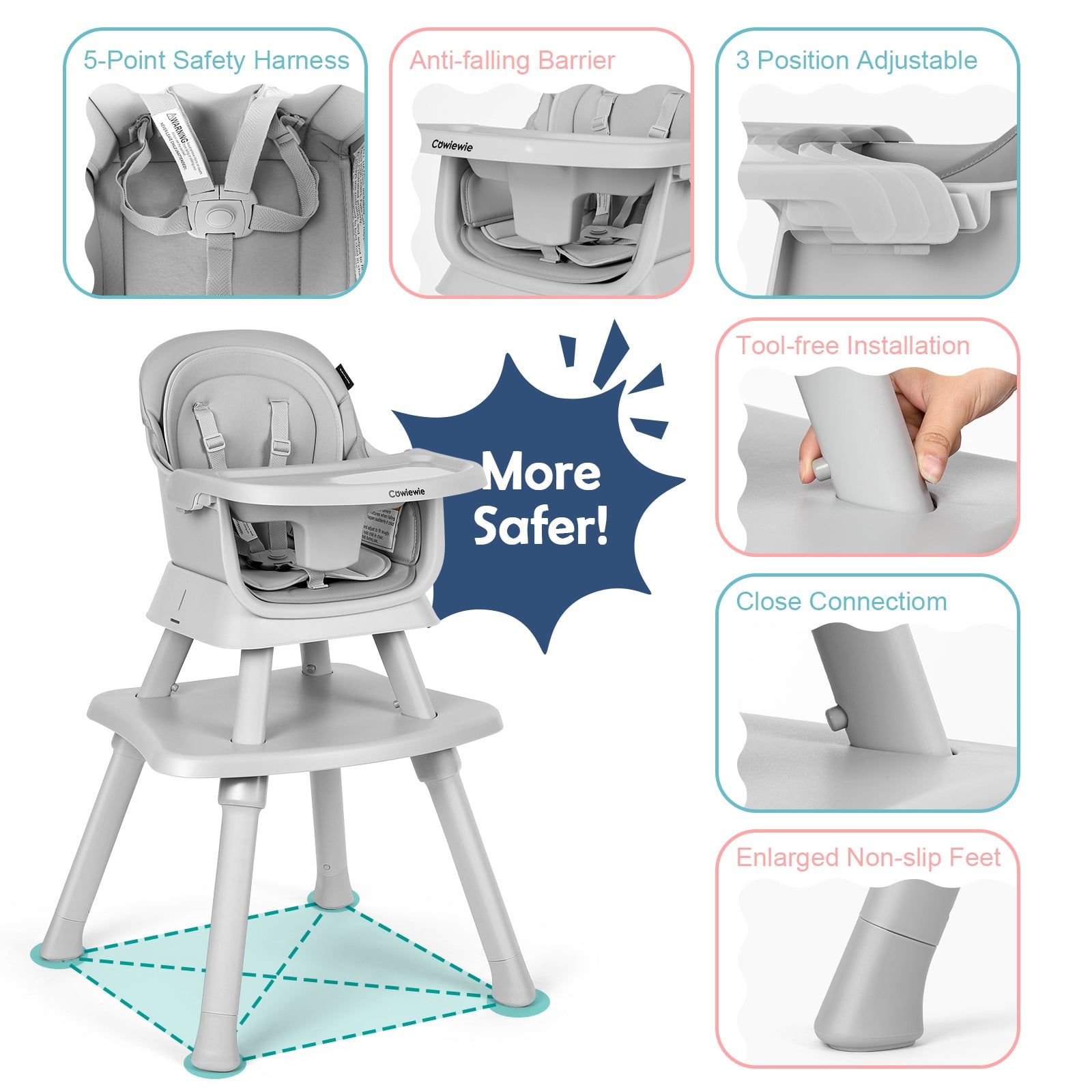 Cowiewie 8 in 1 Baby High Chair for Babies, Toddler Dining Booster Seat, BPA Free PP Material, Grey