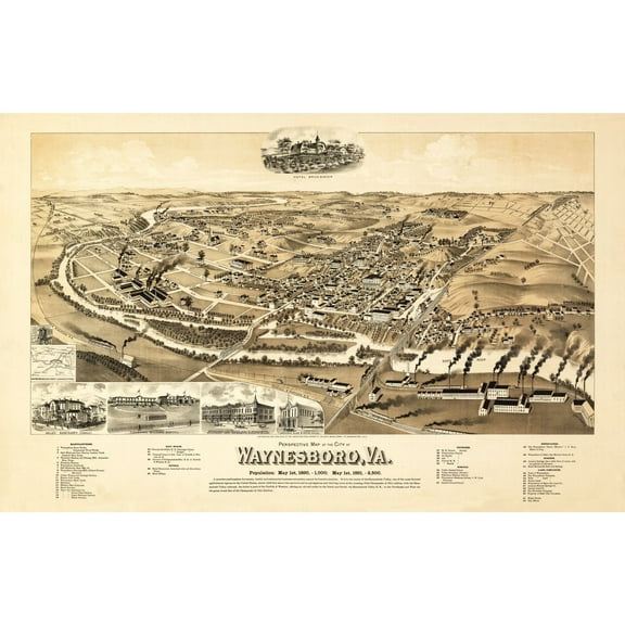 Historic Panoramic View - Waynesboro Virginia - Perry 1891 - 36.03 x 23 - Vintage Wall Art