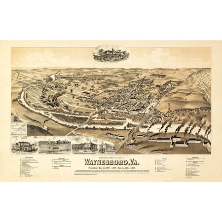 Historic Panoramic View - Waynesboro Virginia - Perry 1891 - Vintage Wall Art