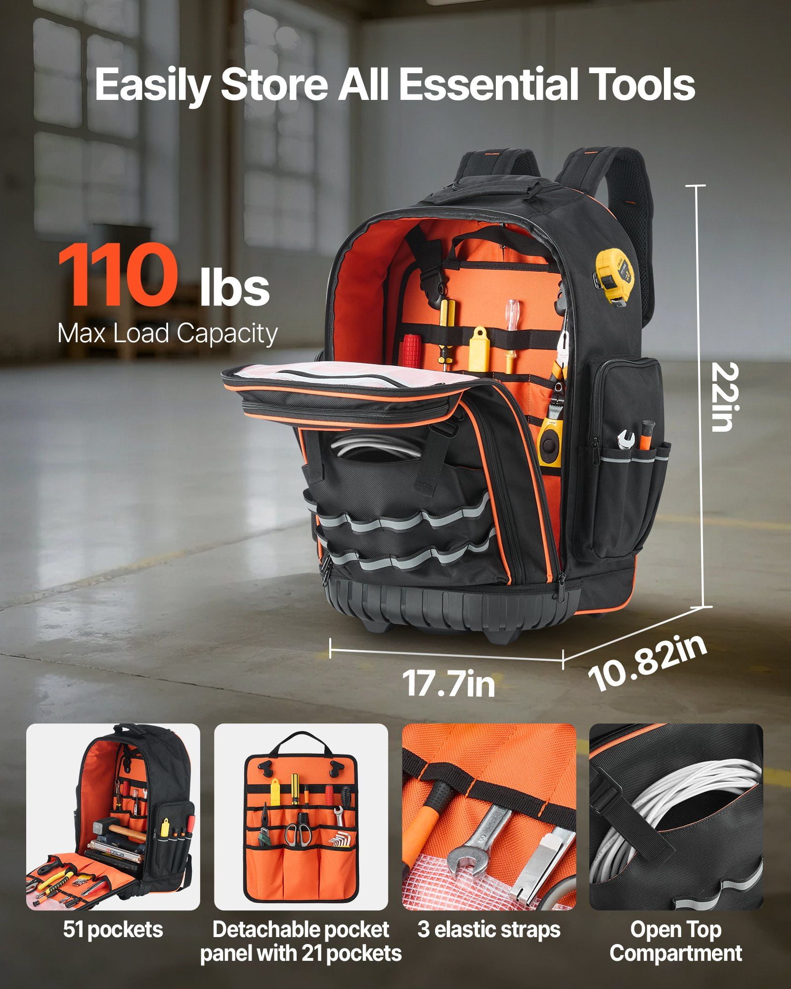Rolling Tool Backpack with 72 Pockets Heavy Duty 2-in-1 Roller Tool Bag on Wheels, Adjustable Aluminum Handle, Water-Resistant Oxford Fabric, Large Capacity 110 lbs, Smooth Mobility for Electricians