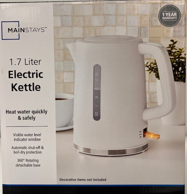 Mainstays 1.7L Electric Kettle with Auto Shut-Off, White