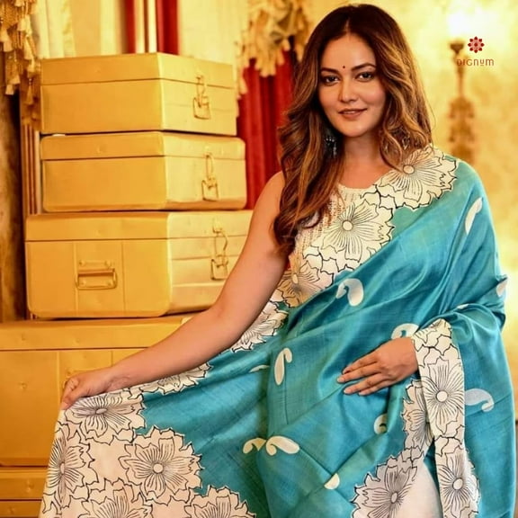 White and Light Blue Pure Silk Hand Painted Saree
