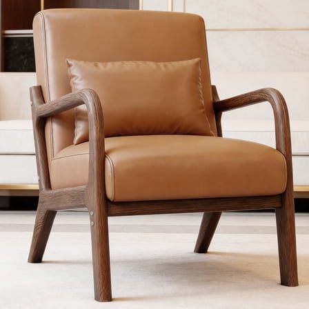 GAMBE Accent Chair PU Upholstered Armchair, Reading Club Chair with Pillow for Living Room Bedroom Furniture Brown