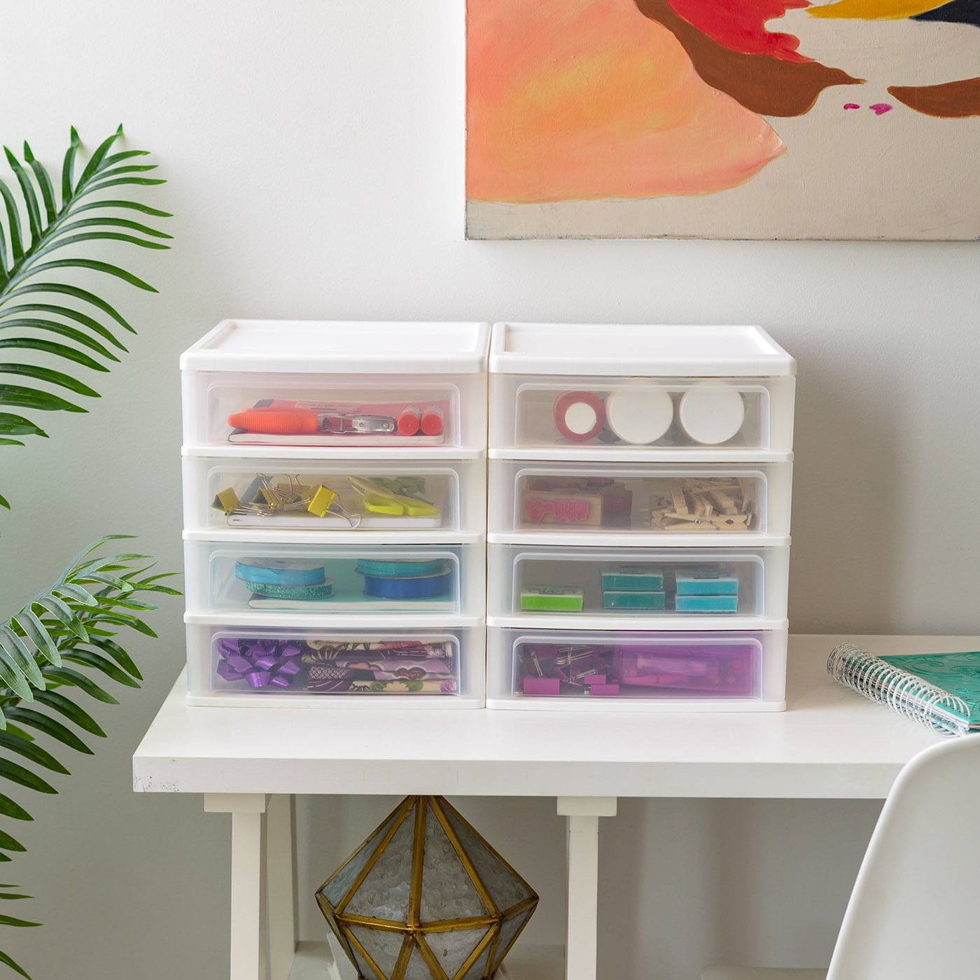 IRIS Medium 4-Drawer Compact Desktop Organizer, Stacking Desktop Unit, White-Clear, Set of 2