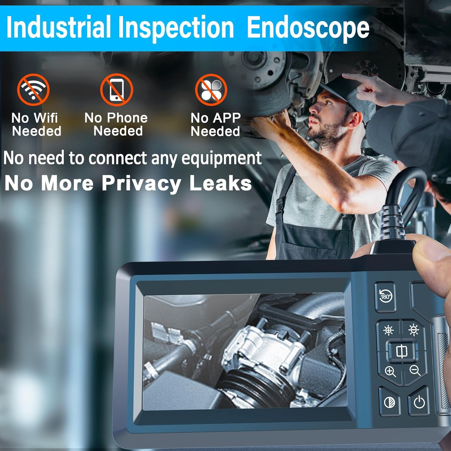 Binazon Endoscope Camera with Light, Borescope with 4.3" IPS Screen, 1920P HD, 8 LED Lights, 16.5FT Semi-Rigid Cord