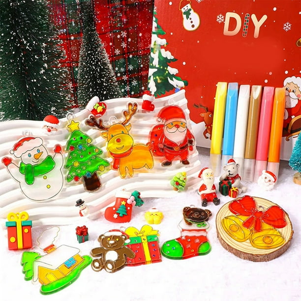 Juego de pintura de resina de cristal navideña para niños, garabatos, pintura de resina sin hornear, adornos para ventanas, llaveros, juguetes, regalo para niños, cada bolígrafo de resina de 6 ml, pin