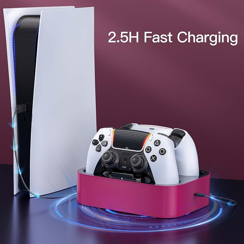 Party-Ready PS5 Charger Station for DualSense & Edge - Fast Dual Controller Drop & Charge Dock with Cable for PlayStation 5-Red