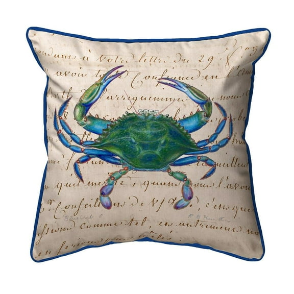 Betsy Drake Interiors Male Blue Crab Beige Large Indoor/Outdoor Pillow 18x18
