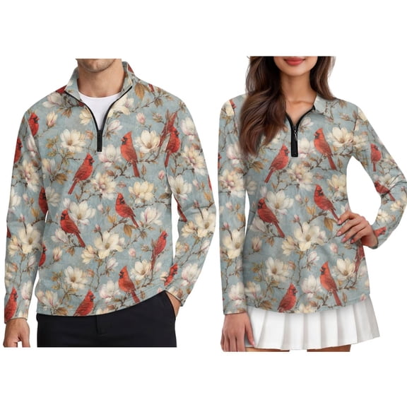 Jiueut Cardinal Flower Print Matching Couples Golf Shirts Long Sleeve Polo Shirts Moisture Wicking Unisex Hawaiian Outfits for Men Women, Outdoor Golf Apparel Matching Set, S