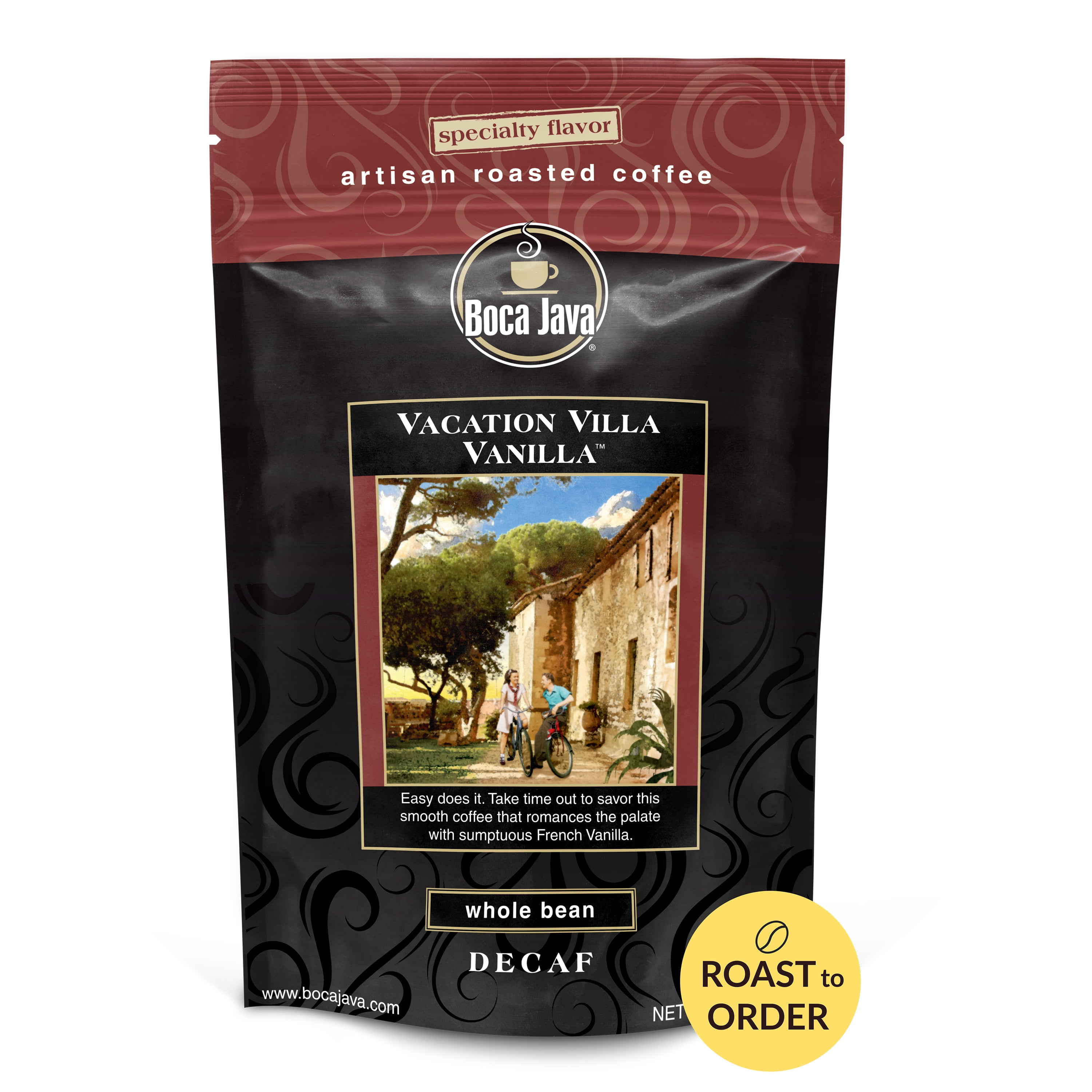 Boca Java Decaf Vacation Villa Vanilla Flavored Whole Bean Coffee, 8 oz. Bag, Roast to Order