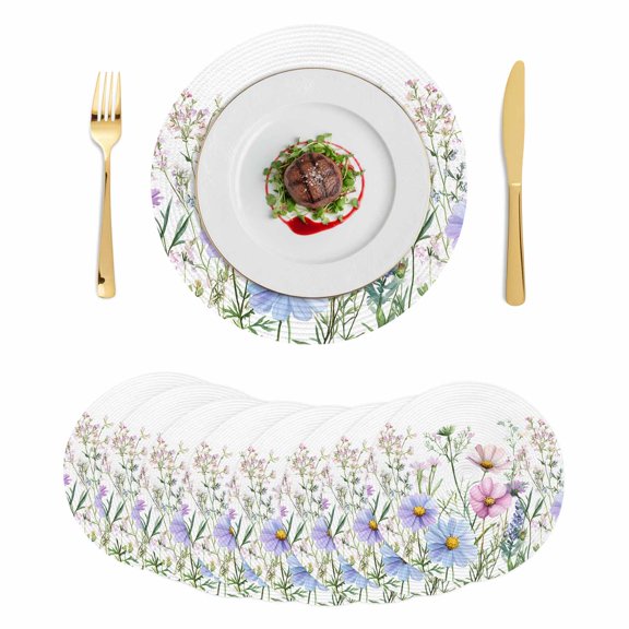 Spring Floral Round 13 Inch Placemats Set of 8, Watercolor Herbs Summer Botanical HeatResistant Non Slip Place Mats for Dining Table, Wipeable Braided Kitchen Table Mats for Housewarming