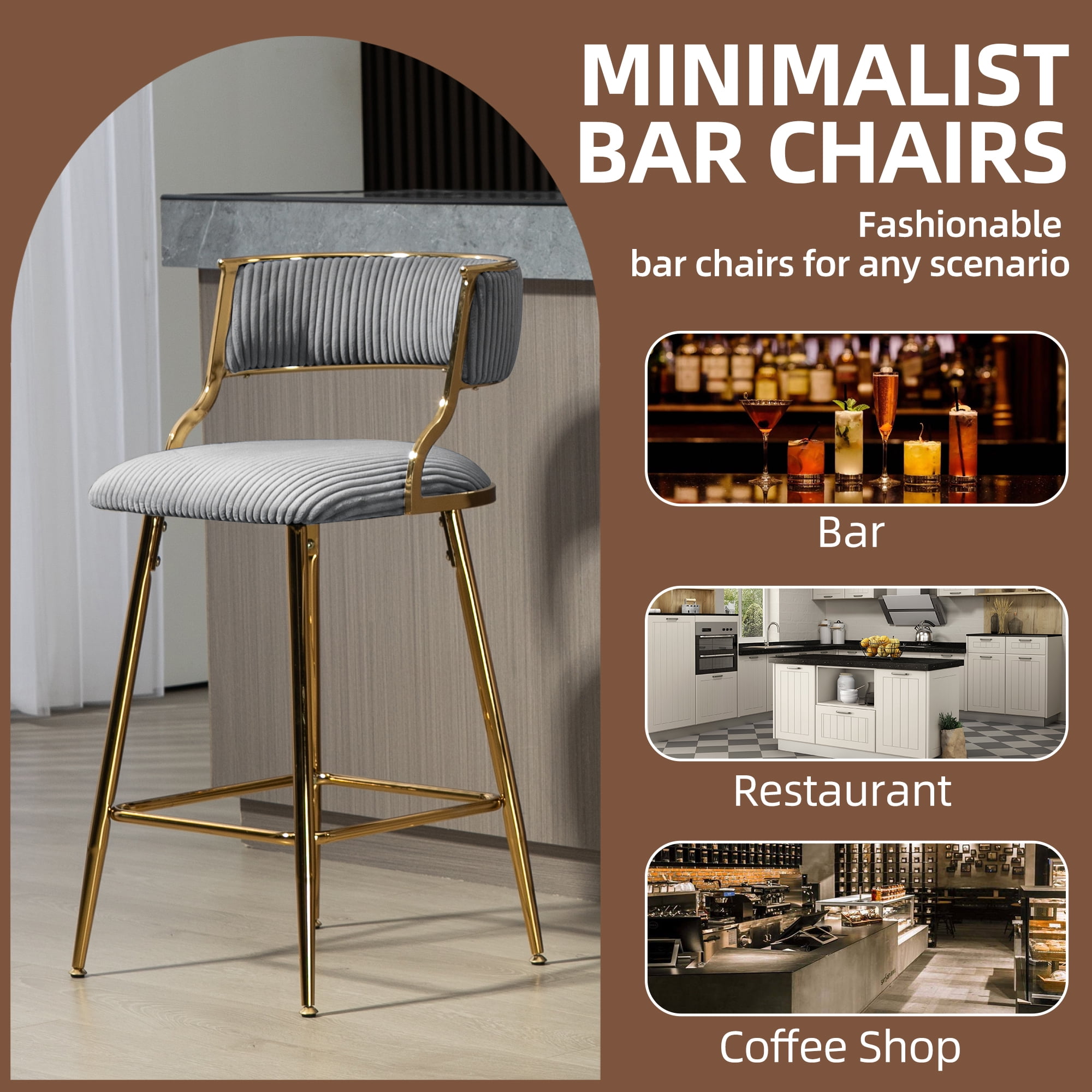 Peispie 25" Counter Height Bar Stools Set of 4, Modern Corduroy Barstools with Low Back and Gold Metal Legs, Padded Kitchen Island Chairs with Footrest for Home Bar, Grey