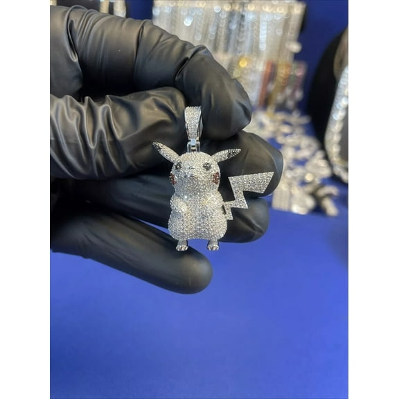 Lab Created Diamond 925 Silver Pickachu Pokemon Pendant Necklace