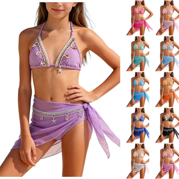 Pandaie Girls 3 Piece Bikini Set Halter Triangle Top Ribbed Swimsuit Cover Up Skirt Cute Swimwear Teen Backless Beach Bathing Suit 9-10 Years Beige