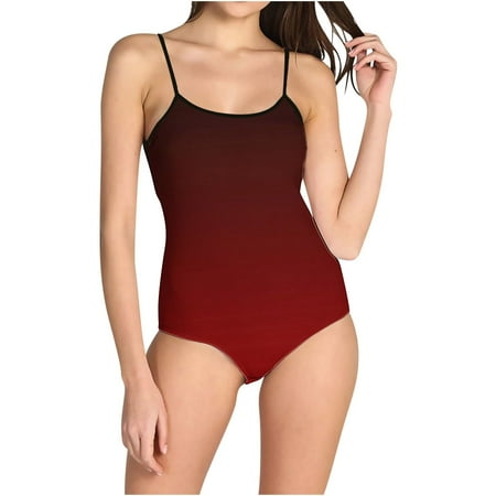 VgaVtl Spaghetti Straps Women One Piece Bathing Suit Woman Swimsuit Bikinis Beachwear Gradient Print Seamless Swimsuits Red S