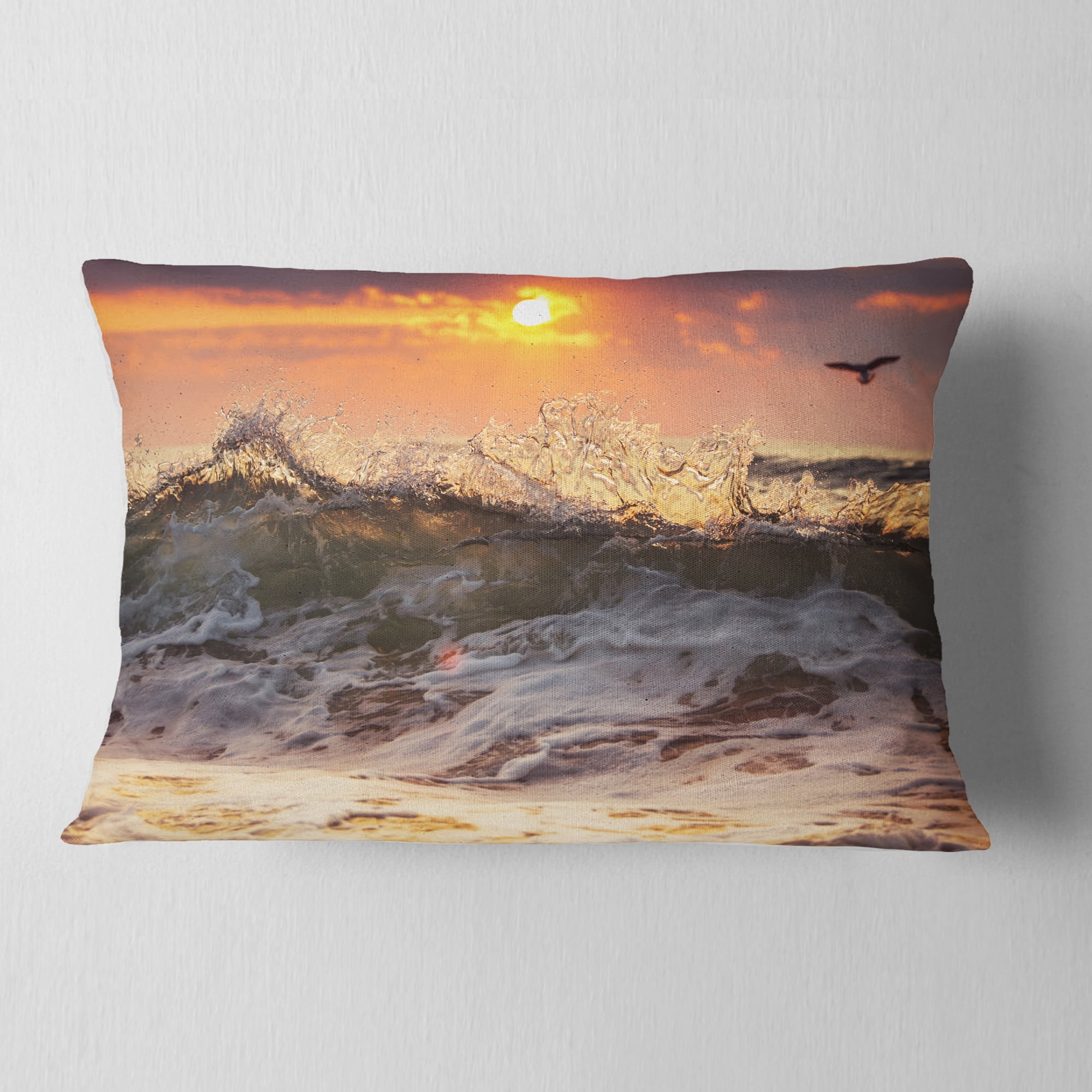 Designart Sunrise and Roaring Ocean Waves - Seascape Throw Pillow - 12x20
