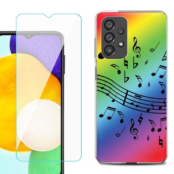 Slim-Fit Gel TPU Phone Case for Samsung Galaxy A23 5G, with Tempered Glass Screen Protector, by OneToughShield ® - Music Notes / Rainbow
