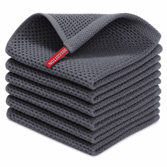 100% Cotton Waffle Weave Kitchen Dish Cloths, Ultra Soft Absorbent Quick Drying Dish Towels, 12 x 12 Inches, 6-Pack, Dark Grey