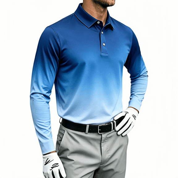 TKKCS Mens Gradient Long Sleeve Polo Shirts- Stretch Lightweight Casual Regular Fit Golf Shirts Blue Size 2XL