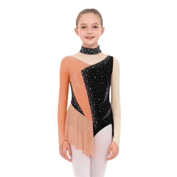 RUNQHUI Kids Girls Figure Ice Skating Dress Long Sleeve Rhinestone Gymnastics Skirted Leotard Ballet Dancewear Orange 10