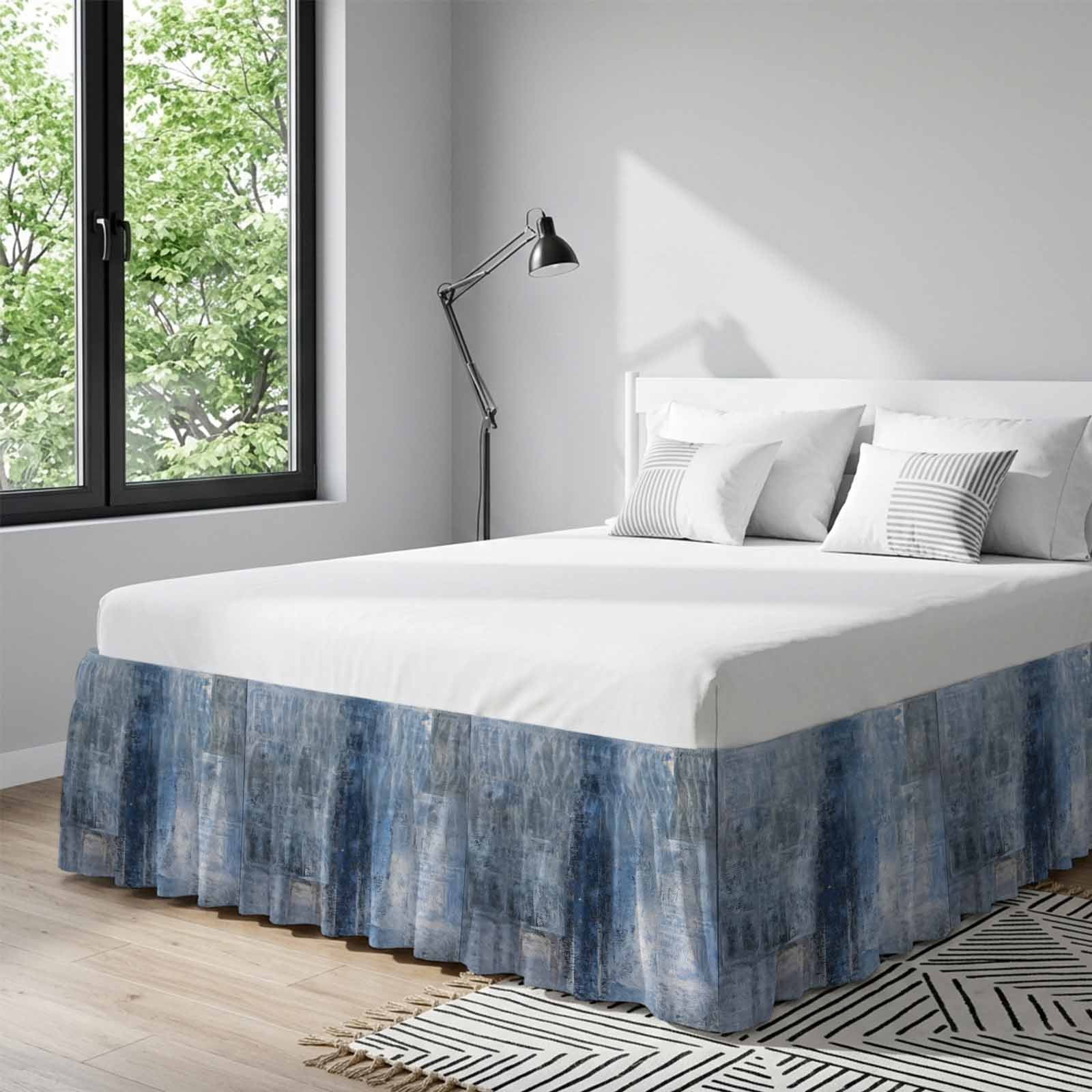 Blue Bed Skirt King Size 16 Inch Drop, Adjustable & Elastic Wrap Around Bed Skirts Pleated Dust Ruffles For Twin Full Queen Cal King Base Beds, Retro Oil Painting Modern Abstract Art Aesthetics
