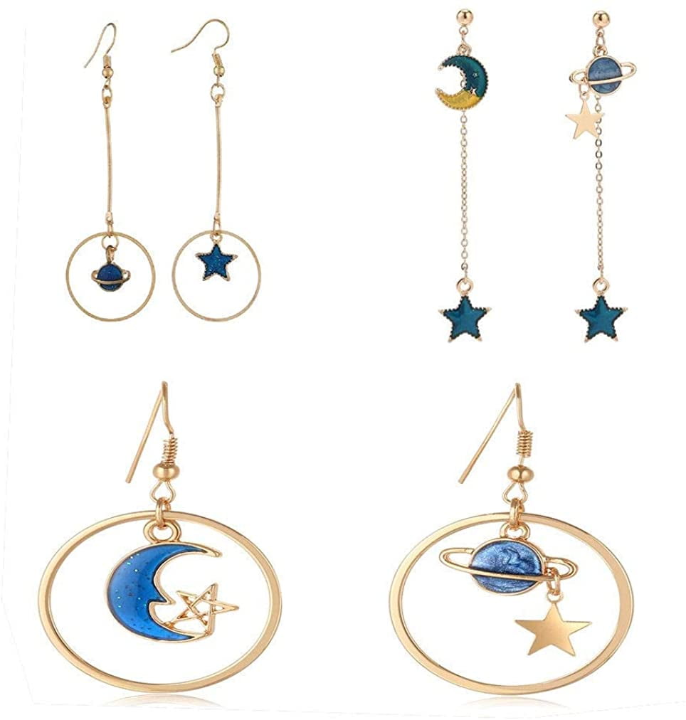 Handmade Gold Planet Space Dangle Drop Hook Earrings