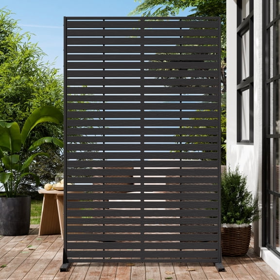 TopComfy Privacy Screen Outdoor 72" Hx47 W Freestanding Privacy Panel with Stand, HDPE Decorative Privacy Fence with Sandblasting Louver Pattern, Black