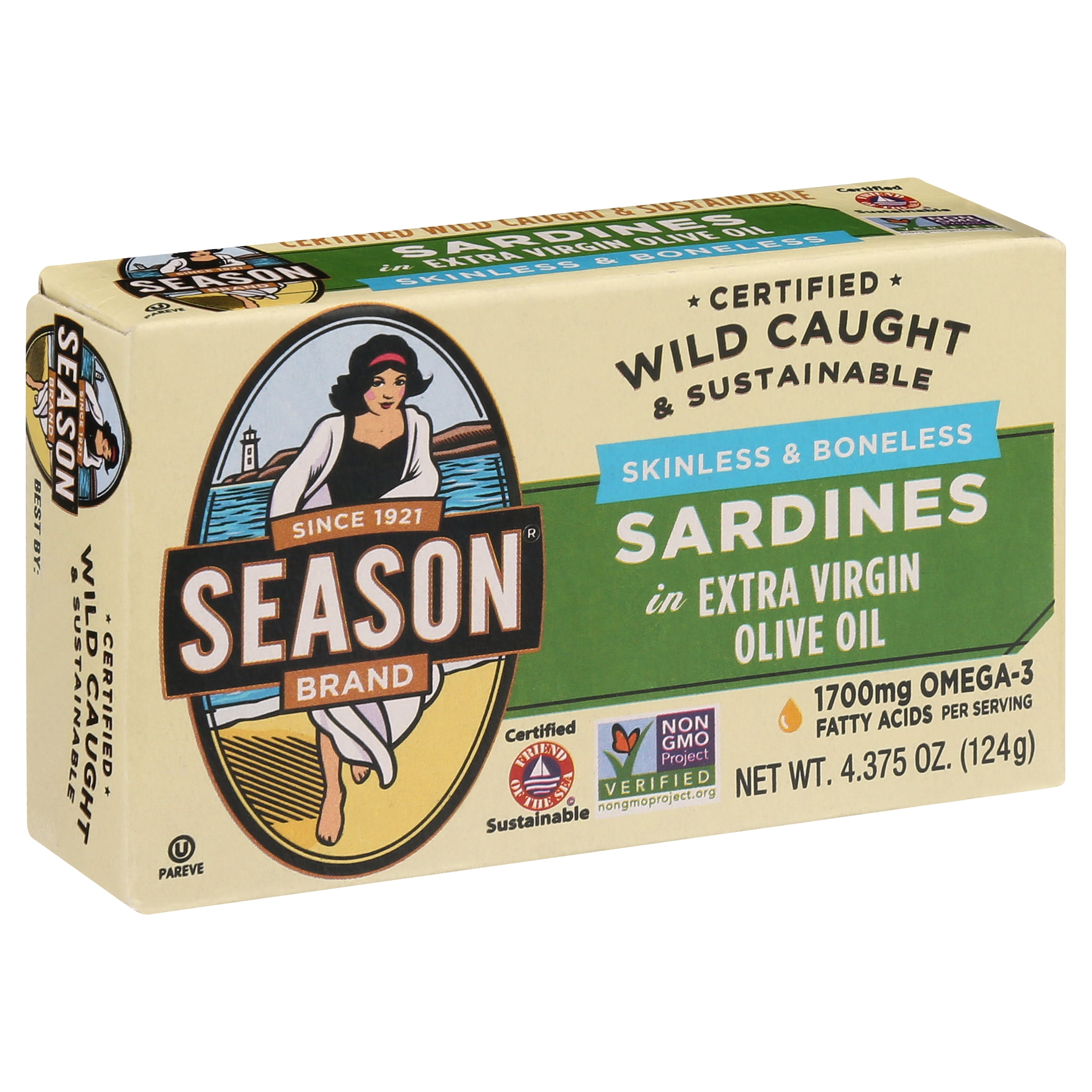 (6 pack) Season Brand Sardines, Skinless & Boneless, in Extra Virgin Olive Oil, 4.375 oz