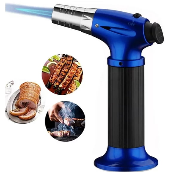 Culinary Butane Torch Blow Torch Lighter,Refillable Cooking Kitchen Torch with Safety Lock Adjustable Flame for BBQ,Creme Brulee,Baking,Cooking,Crafts,Cigar (Butane Gas not Included),Blue