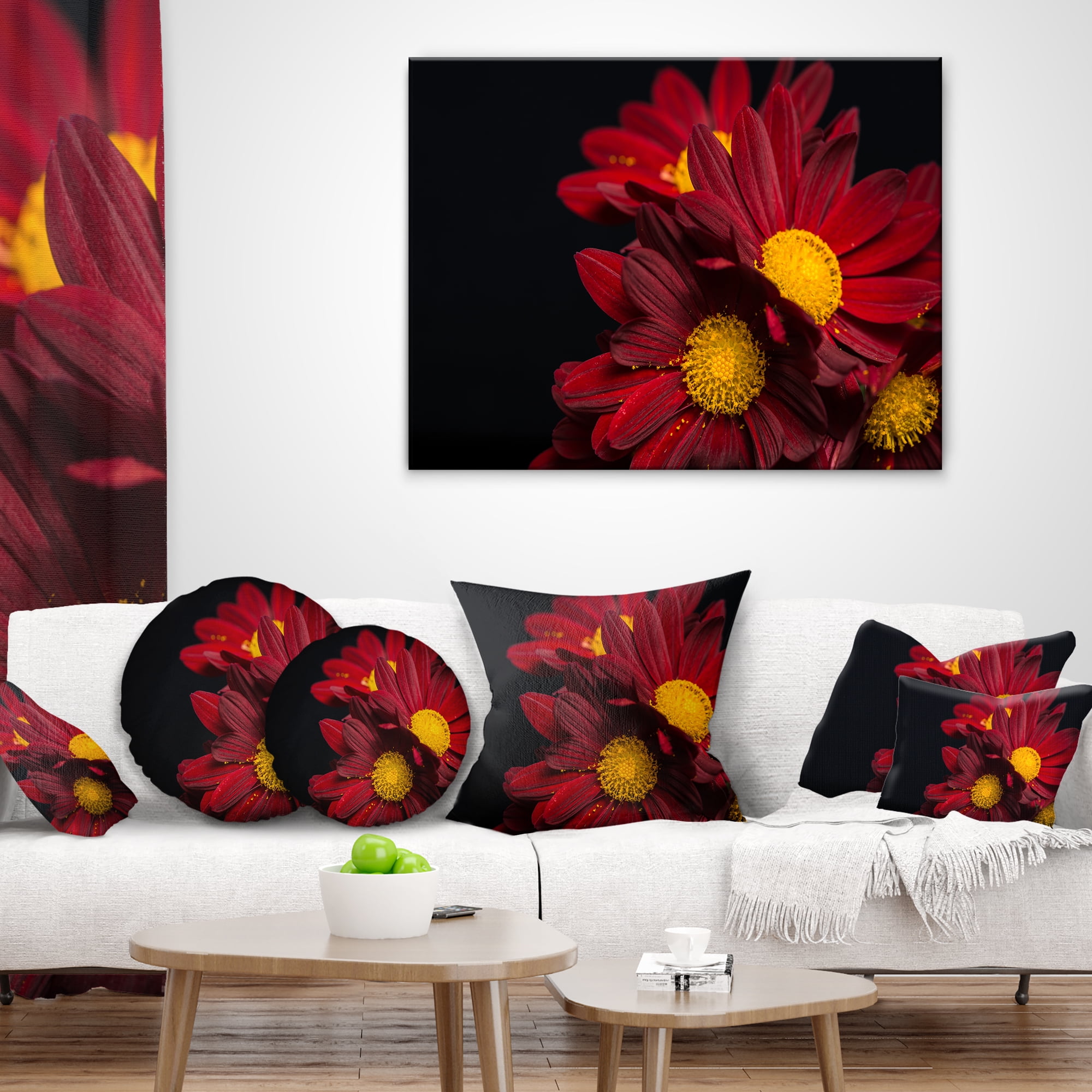 Designart Red Velvet Chrysanthemum Flowers - Floral Throw Pillow - 12x20