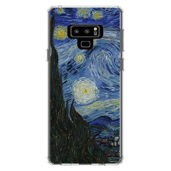 DistinctInk Clear Shockproof Hybrid Case for Samsung Galaxy Note 9 - TPU Bumper, Acrylic Back, Tempered Glass Screen Protector - Van Gogh Starry Night - Classic Art