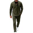 thumbnail image 2 of YueHuiYing Men's Solid-Color Casual Sporty Round-Neck Button Stand-Up Collar Long Sleeved Top Pocket Drawstring Long Pants Two Piece Set, 2 of 8