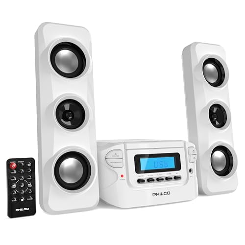 Philco Stereo Shelf Systems Sistema compacto de estantería para CD con radio estéreo FM digital, tecnología inalámbrica Bluetooth y control remoto en blanco | Pantalla LCD | Compatible con puerto MP3